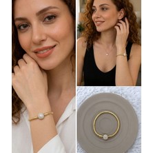 Fm 💎 Premium Gold Renk Yuvarlak Model Parlak Taşlı 316L Detaylı Charm Bileklik - (18cm Uzunluk)