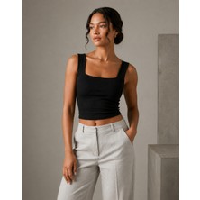 Bozz&Bozz Kadın Siyah Fitilli Kare Yaka Crop Atlet | Basic Ribana Esnek Kumaş