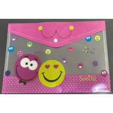 Belirtilmemiş Smile Emoji Desenli Pembe Şeffaf Çıtçıtlı Dosya Evrak Tutucu A4 Boyut