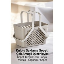 1'li Gri Çok Amaçlı Kulplu Sepet Mutfak Banyo Organizer Taşıma Sepeti