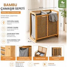 Begin Power Doğal Bambu Çamaşır Sepeti 70 Litre 2 Gözlü Kirli Çamaşır Sepeti Modern Tasarım