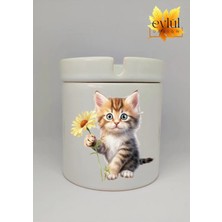 Eylül Design Sevimli Çiçekli Kedi Baskılı Özel Tasarım Baskılı Seramik Küllük Kokusuz Kültablası