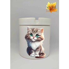 Eylül Design Sevimli Kedi Baskılı Özel Tasarım Baskılı Seramik Küllük Kokusuz Kültablası-3