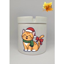 Eylül Design Yılbaşı Şapkalı Sevimli Kedi Baskılı Seramik Küllük Kokusuz Kültablası