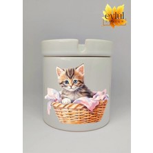 Eylül Design Sepette Sevimli Kedi Özel Tasarım Baskılı Seramik Küllük Kokusuz Kültablası