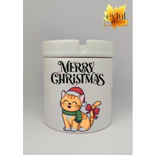 Eylül Design Yılbaşı Şapkalı Sevimli Kedi Merry Christmas Baskılı Seramik Küllük Kokusuz Kültablası