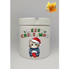 Eylül Design Yılbaşı Şapkalı Sevimli Kedi Merry Christmas Baskılı Seramik Küllük Kokusuz Kültablası