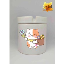 Eylül Design Sevimli Kedi Baskılı Özel Tasarım Baskılı Seramik Küllük Kokusuz Kültablası-1