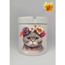 Eylül Design Çiçekli Kedi Baskılı Özel Tasarım Baskılı Seramik Küllük Kokusuz Kültablası-1