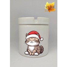 Eylül Design Yılbaşı Temalı Sevimli Kedi Baskılı Özel Tasarım Baskılı Seramik Küllük Kokusuz Kültablası