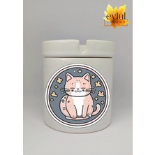 Eylül Design Sevimli Kedi Özel Tasarım Baskılı Seramik Küllük Kokusuz Kültablası