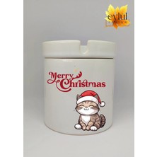 Eylül Design Yılbaşı Temalı Sevimli Kedi Merry Christmas Baskılı Özel Tasarım Seramik Küllük Kokusuz Kültablası