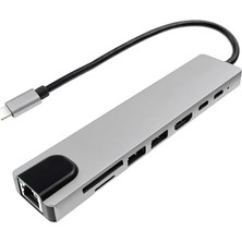 Lunatic 7020 USB Type-C Hub Dönüştürücü 8 In 1 Çoklayıcı - Hdmı, 2 Adet USB 3.0, 2 Adet USB C, Sd/microsd, Ethernet - Çevirici 8li Port USB C Adaptör Bağlantı Noktası Ara Kablo