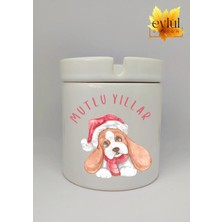 Eylül Design Yılbaşı Temalı Sevimli Köpek Mutlu Yıllar Baskılı Özel Tasarım Seramik Küllük Kokusuz Kültablası