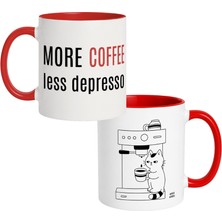 More Coffee Less Depresso Beyaz Woka Works Seramik Kupa – Kırmızı Kulplu- Çift Taraflı Baskılı -325 ml