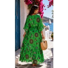 Şık ve Mutlu Kimono Kol Kruvaze Yaka Desenli Elbise
