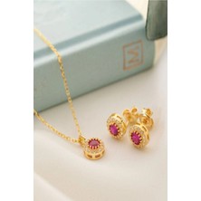 EDSA Silver 925 Ayar Gümüş Temmuz Ayı Doğum Taşı ( Ruby ) Kolye - Küpe Seti