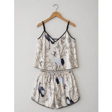 Love Secret Kadın Bej Turna Kuşu Desenli Saten Şortlu Pijama Takımı