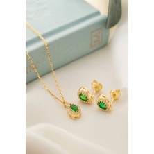 EDSA Silver 925 Ayar Gümüş Mayıs Ayı Doğum Taşı ( Emerald ) Kolye - Küpe Seti