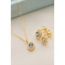 EDSA Silver 925 Ayar Gümüş Mart Ayı Doğum Taşı ( Aquamarine ) Kolye - Küpe Seti