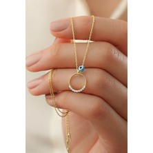 EDSA Silver 925 Ayar Gold Zirkon Taşlı Nazarlı Halka Gümüş Kolye