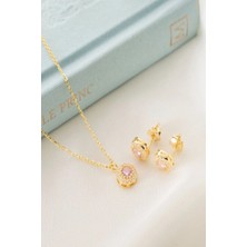 EDSA Silver 925 Ayar Gümüş Ekim Ayı Doğum Taşı ( Pink Tourmaline ) Kolye - Küpe Seti