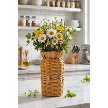 NEVVALİFE Rattan Çok Amaçlı Dekoratif Hasır Vazo-El Yapımı Modern Şık Tasarım Vazo Açık Kahverengi Orta Kısımlar Bej Renk 19 cm