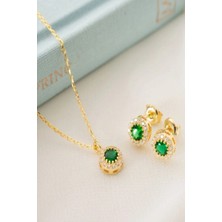 EDSA Silver 925 Ayar Gümüş Mayıs Ayı Doğum Taşı ( Emerald ) Kolye - Küpe Seti