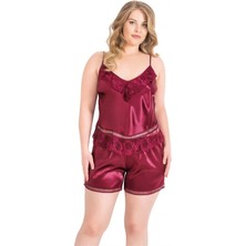 Kapsulavm Büyük Beden Bordo Saten Babydoll Şort Takımı