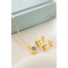 EDSA Silver 925 Ayar Gümüş Ağustos Ayı Doğum Taşı ( Peridot ) Kolye - Küpe Seti
