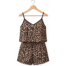 Leopar Desenli Saten Şort Takımı
