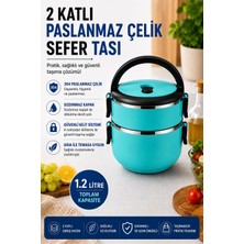 Sas Haus 2 Katlı 1.2 Litre Paslanmaz Çelik Sefer Tası Sızdırmaz Kapaklı Yemek Taşıma Kabı Bento Lunch Box 304 Çelik Turkuaz
