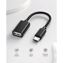 Type-C To USB 2.0 Dişi Otg Dönüştürücü Adaptör Kablosu Örgülü Siyah Telefon Tablet Bilgisayar Uyumlu Data Veri Aktarım Çevirici Flash Bellek Klavye Mouse Gamepad Kulaklık Yazıcı Bağlantı Aparatı