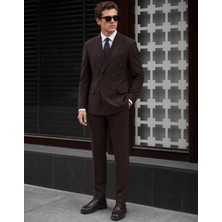 HC MEN CLASSIC Erkek Kruvaze Takım Elbise Modern Fit Kahverengi Düz