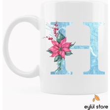 Eylül Design H Harfi Baskılı Mavi Çiçek Desenli Tasarım Kupa Bardak Kahve Bardağı