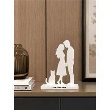 Gragold3 Design Love Lives Here Kedi ve Çift Silüeti Dekoratif Obje - Beyaz