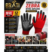 BRATİ HAND TOOLS Kırmızı Siyah Zebra Nitril Kaplama Iş Eldiveni 10 Xl Esnek Konforlu Çalışma Eldiveni 12 Adet