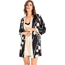 Aria's Closet Özel Tasarım Desenli Sabahlıklı Kısa Ikili Saten Takım