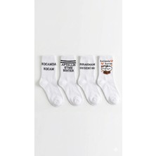 UZN Socks Unisex Yazılı Beyaz Çorap 4’lü Set – Eğlenceli Mesajlı Soket Çorap – Günlük Rahat Pamuklu Çorap