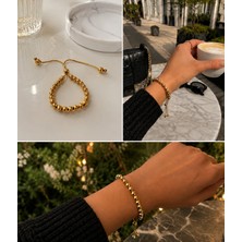 Fm 💎 Premium Gold Renk Yuvarlak Model Şık ve Parlak Toplu Asansörlü 316L Çelik Bileklik (~22cm)