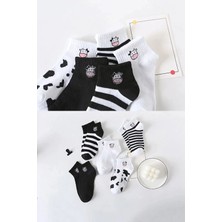 UZN Socks 5'li Paket Sevimli Inek Figürlü Soket Çorap Seti - Siyah Beyaz Desenli Pamuklu Kadın Bilek Çorabı