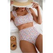 Lüx Wood 808 Kadın Desenli Yüksek Bel Bağcıklı Pedli Bikini Takımı Plaj Mayo Seti