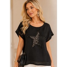 Palenaole Butik Siyah Yıldız Nakışlı Kol File Detaylı Keten Bisiklet Yaka Kısa Kollu T-Shirt