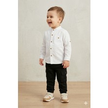 Tayo Baby Erkek Bebek ve Çocuk Beyaz Hakim Yaka Keten Gömlek ve Siyah Cepli Kargo Pantolon Takım
