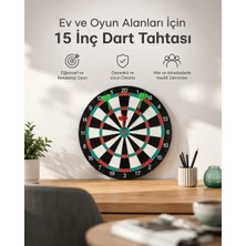 TKÇ 15 Inç Büyük Boy Dart Tahtası Ev Oyun Seti 4 Adet Metal Uç Oklu