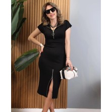 Lune Store Kadın Kısa Kollu Yakadan ve Eteği Fermuarlı Viskon Iki Iplik Midi Elbise