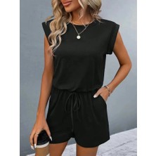 Lune Store Kadın Kısa Kollu Vatkalı Belden Bağcıklı Kısa Viskon Tulum