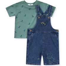 Mothercare Erkek Bebek Şort Salopet-Tshirt Dinozor Baskılı Düğmeli Bisiklet Yaka Kısa Kol Reçme