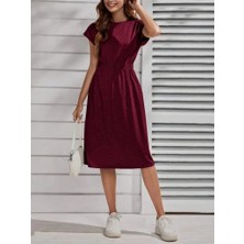 Lune Store Kadın Kısa Kollu Bisiklet Yaka Belden Lastikli Midi Viskon Elbise