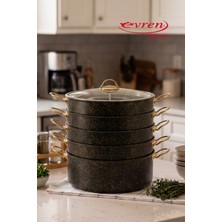 EVREN MUTFAK 6 Parça 28 cm Gold Stone Ezme Seri Buharlı Pişirici, Mantı Tencere Seti 5,9 Lt